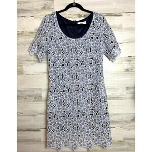 Badgley Mischka Nadina Women’s 8 Blue White Floral Lace Overlay Shift Mini Dress
